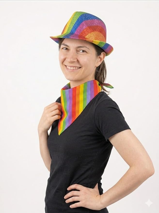 labreeze Rainbow Pride Metallic Tinsel Trilby Hat & Bandana Set – Multicolour Festival Fancy Dress Accessories - Labreeze Ltd
