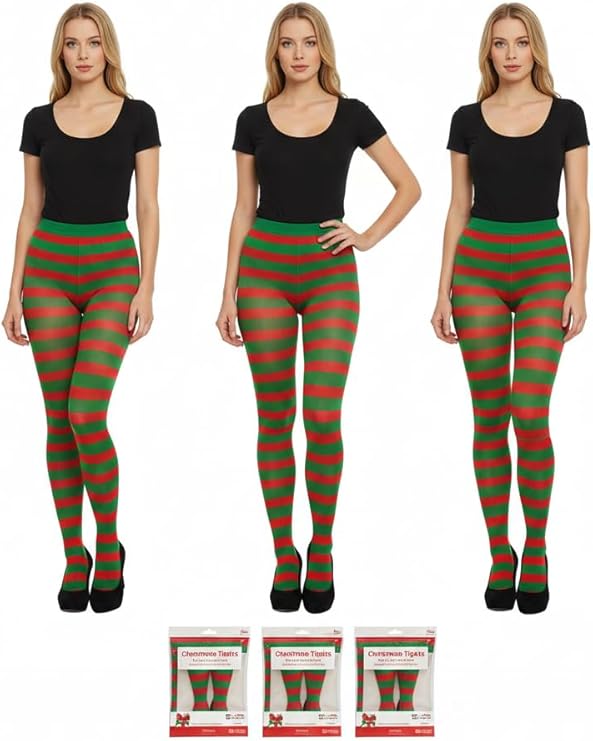 labreeze Pack of 3 Women’s Red and Green Christmas Tights – Festive Candy Cane Striped Elf Tights for Holiday Costumes & Parties