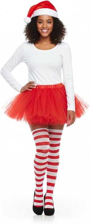 Labreeze Mrs Claus Classic Outfit Set – Red/White Tights, Red Tutu Skirt & Santa Hat – Festive Christmas Costume for Women