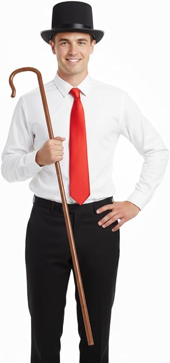 Labreeze Men's Dickens Caroler Costume Kit – Victorian Christmas Accessories with Black Top Hat, Red Tie & Shepherd’s Crook