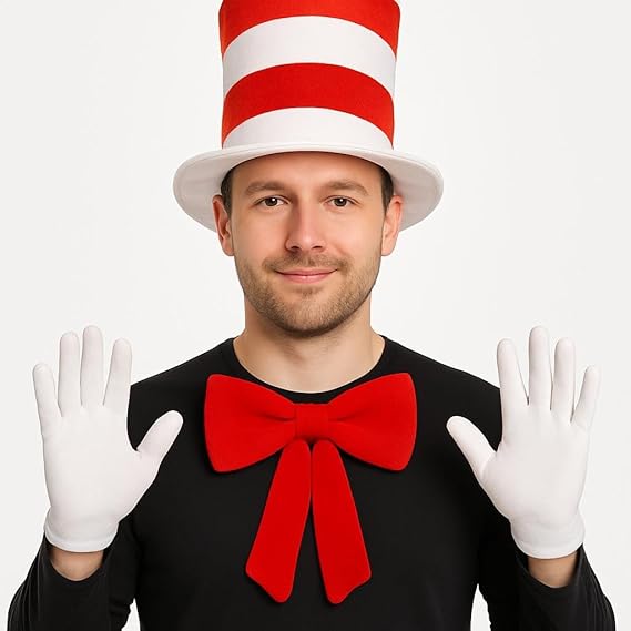 labreeze Men’s Tall Red and White Striped Top Hat Set – Fancy Dress Costume with Short White Gloves & Large Red Bow Tie (34×23.5cm) – Book Day, Cosplay, Party Outfit