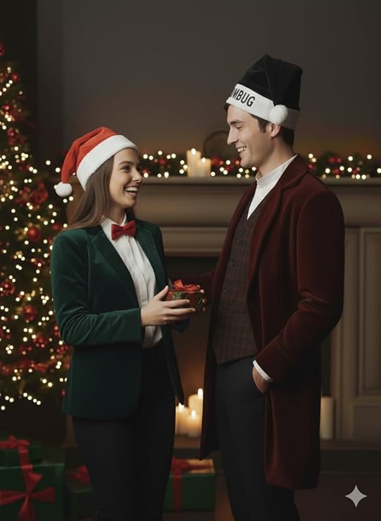 Labreeze Couples Christmas Set with Bah Humbug Hat, Santa Hat and Red Bow Tie – Festive Holiday Costume Accessories