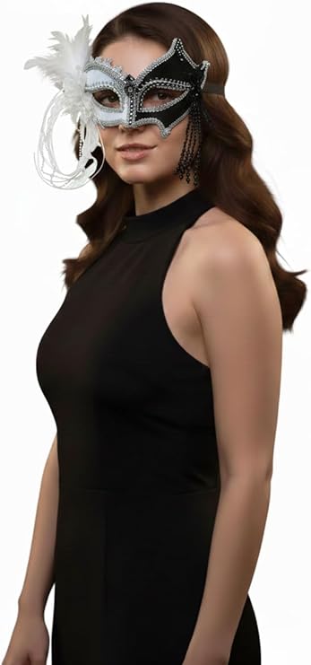 labreeze Black and White Masquerade Mask with Tassels – Adult NYE Party Accessory