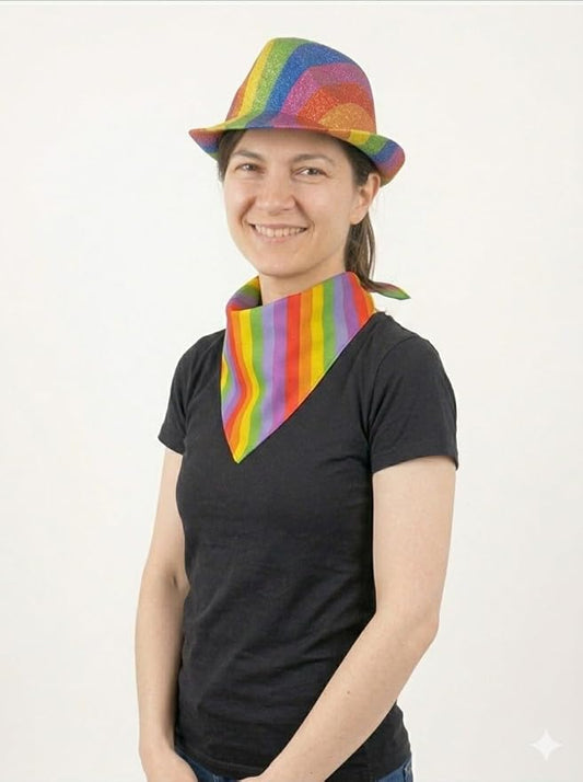 labreeze Rainbow Pride Metallic Tinsel Trilby Hat & Bandana Set – Multicolour Festival Fancy Dress Accessories - Labreeze Ltd