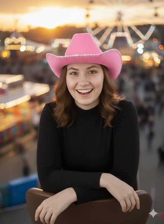 labreeze Pink Cowboy Hat with Sequin Braid Trim – Western Style Felt Hat for Adults