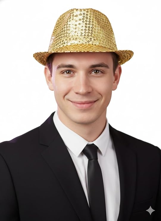 Labreeze Gold Sequin Gangster Hat (Adult) – Sparkly Fancy Dress Fedora for Christmas & Party Costumes