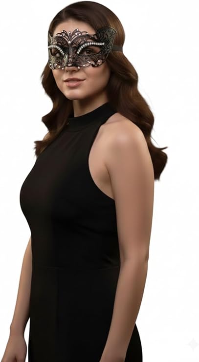 labreeze Metal Filigree Cat Masquerade Mask with Stone – Black & Gold Venetian Style