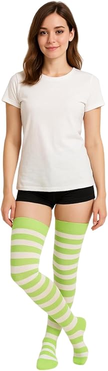 labreeze Lime Green and White Striped Over the Knee Socks – OTK Thigh High Socks for Women, Cosplay, Fancy Dress, Costume Accessories, Cute Kawaii Style