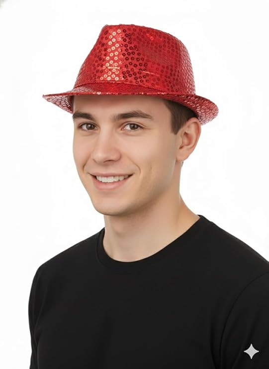 Labreeze Red Sequin Gangster Hat (Adult) – Sparkly Fancy Dress Fedora for Christmas Parties