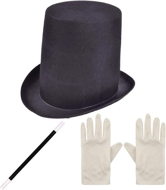 labreeze Black Satin Top Hat with Magic Wand (26.5cm) and White Gloves – Magician Costume Accessory Set