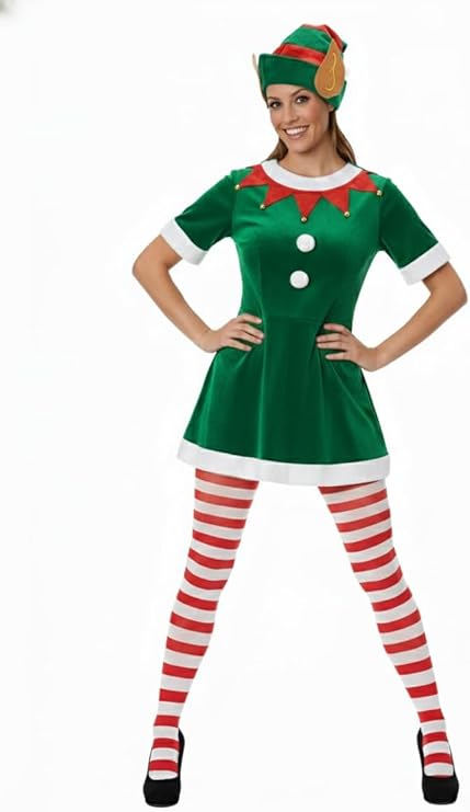 labreeze Women’s Red and White Christmas Tights & Elf Hat with Ears Set – Festive Elf Fancy Dress Accessories