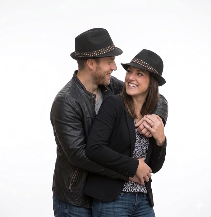 labreeze Matching Couple Black Trilby Hat Set with Gem Stone Band – 2 Pack Adult Fancy Dress Hats for Festivals & Cosplay