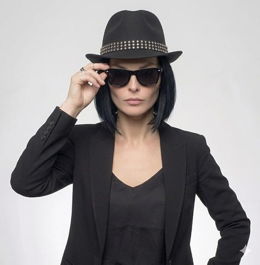labreeze Black Trilby Hat with Gem Stone Band & Austin Glasses Set – Adult Fancy Dress Costume Accessories