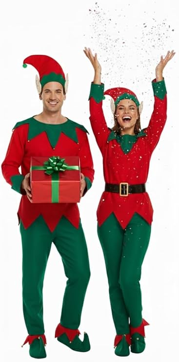 labreeze Pack of 2 Christmas Elf Costumes for Adults – One Size Couples Fancy Dress Set