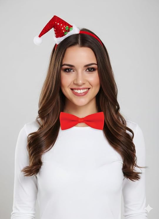 Labreeze Santa & Mrs Claus Couples Bundle – Santa Hat, Mini Santa Hat Headband & 2 Red Bow Ties – Christmas Costume Accessories