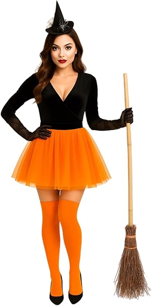 Witch Costume Accessories Set for Women & Girls – Witch Hat Headband with Diamante Spider, Wooden-Style Broomstick, Orange 3-Layer Tutu Skirt, Orange Over-the-Knee Socks & Black Lace Gloves – Halloween Fancy Dress Outfit Kit