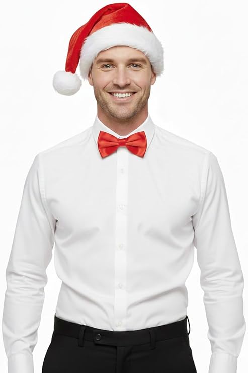 Labreeze Santa & Mrs Claus Couples Bundle – Santa Hat, Mini Santa Hat Headband & 2 Red Bow Ties – Christmas Costume Accessories