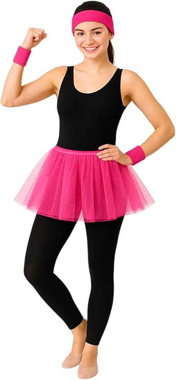 Pink 3-Layer Tutu Skirt with Pink Towelling Headband and Wristbands – Women’s Fancy Dress Costume Set – Neon 80s Outfit for Parties, Runs & Festivals