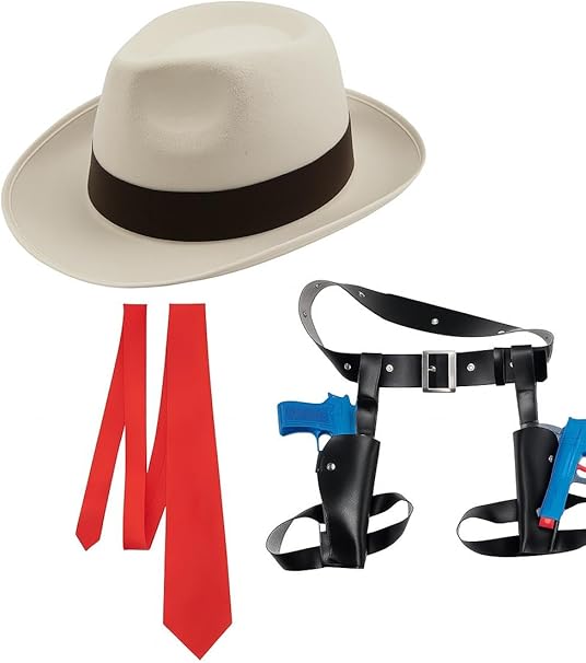 labreeze Women’s Gangster Costume Accessory Set – White Al Capone Hat, Red Tie & Twin Thigh Holsters with Toy Guns – Fancy Dress Outfit for 1920s, Speakeasy, Halloween & Themed Parties