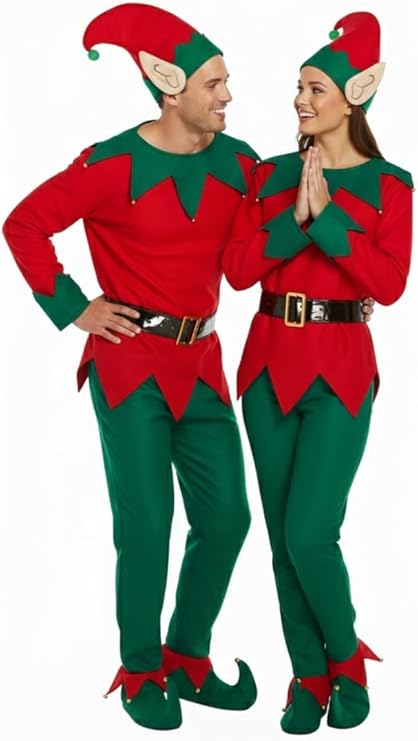 labreeze Pack of 2 Christmas Elf Costumes for Adults – One Size Couples Fancy Dress Set