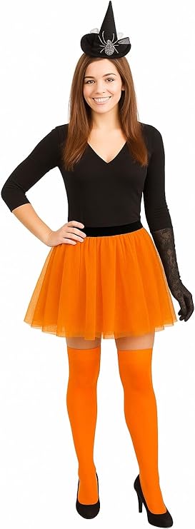 Witch Costume Accessories Set for Women & Girls – Includes Witch Hat Headband with Diamante Spider, Black Lace Gloves, OTK Socks and 3-Layer Tutu Skirt for Halloween Fancy Dress