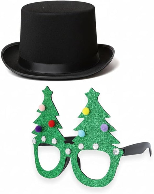 Labreeze Christmas Party Accessory Set – Black Velour Top Hat with Green Glitter Christmas Tree Glasses for Adults