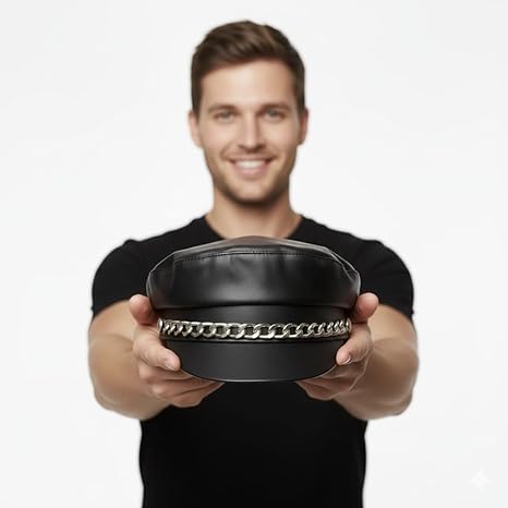 labreeze Men’s Black Biker Hat – Faux Leather Police Style Cap – Adult Fancy Dress Costume Accessory