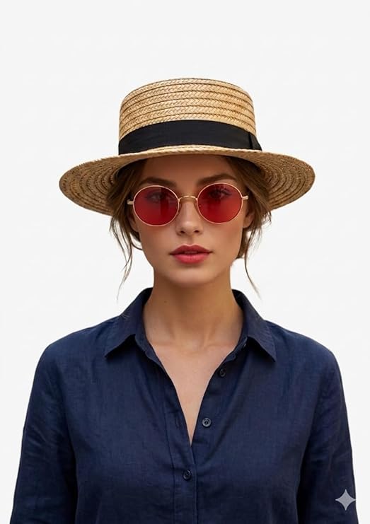 labreeze Straw Boater Hat & Gold Frame Glasses Set with Red Lenses – Vintage Fancy Dress Accessories