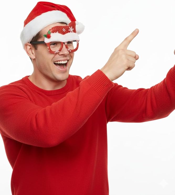 Labreeze Santa Hat with Novelty Glasses – Red & White Christmas Accessory with Holly Accent for Adults
