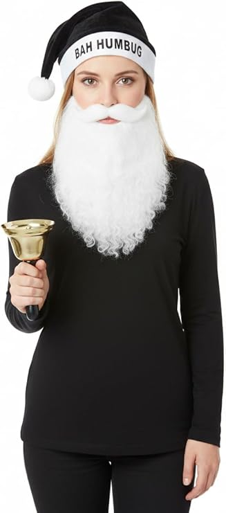 labreeze Bah Humbug Christmas Hat with Santa Beard & Gold Hand-Held Bell – Women’s Funny Christmas Fancy Dress Accessory Set