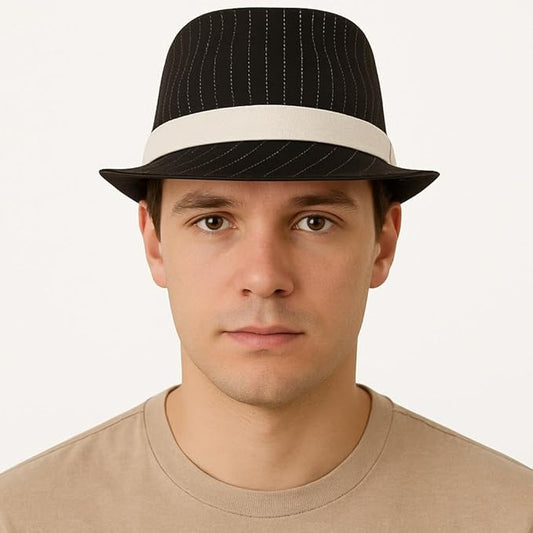 Labreeze Black Gangster Hat with White Band for Men – Vintage 1920s Al Capone Style, Fancy Dress Accessory, Retro Costume, Adult Party Headwear - Labreeze Ltd