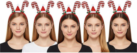 labreeze Pack of 5 Tinsel Candy Sticks with Xmas Hat Christmas Headbands – Festive Hair Accessories for Women
