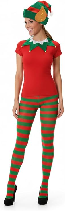 labreeze Women’s Red and Green Christmas Tights & Elf Hat with Ears Set – Festive Xmas Fancy Dress Accessory