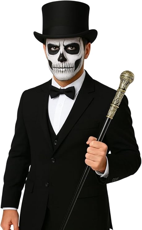 labreeze Men’s Black Lincoln Top Hat, Black Bow Tie & Gold Top Cane Set for Halloween – Adult Fancy Dress Accessories for Magician, Vampire, and Ringmaster Costumes