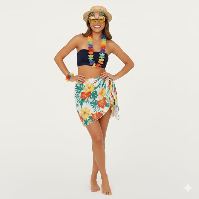 labreeze Women’s Hawaiian Fancy Dress Costume Set (4 Pieces) – Tropical Party Outfit for Beach, Luau & Summer Events