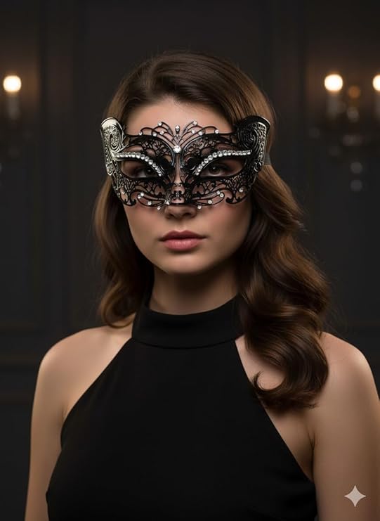 labreeze Metal Filigree Cat Masquerade Mask with Stone – Black & Gold Venetian Style
