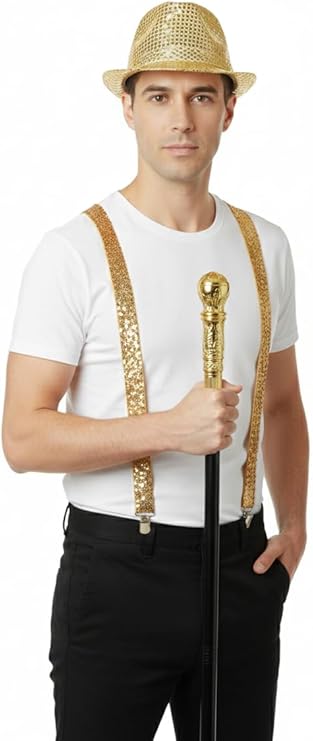 labreeze Gold Sequin Gangster Hat with Matching Braces and Top-Cane Set – Adult Christmas Fancy Dress Accessories