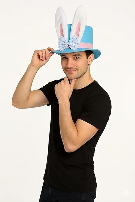 labreeze Easter Bunny Top Hat for Adults – Blue with Bunny Ears & Bow Fancy Dress Accessory - Labreeze Ltd