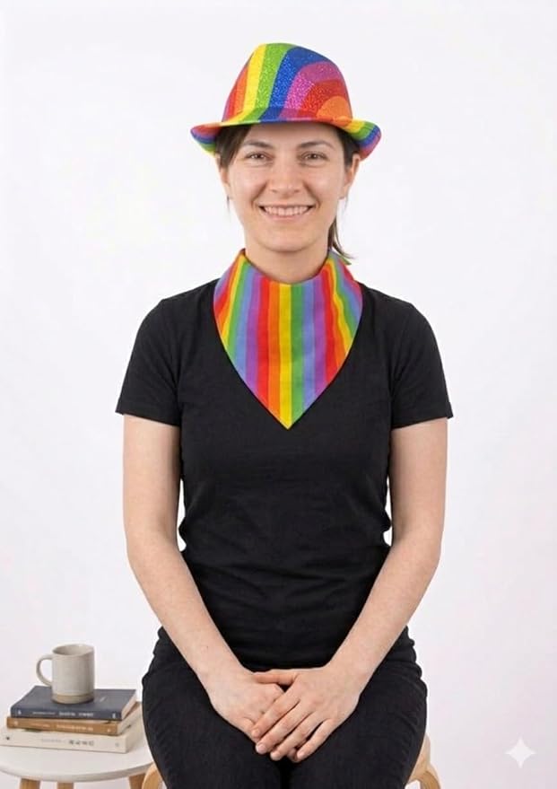 labreeze Rainbow Pride Metallic Tinsel Trilby Hat & Bandana Set – Multicolour Festival Fancy Dress Accessories - Labreeze Ltd