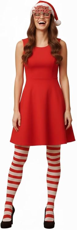 Labreeze Deluxe Adult Christmas Accessory Set – Red & White Striped Tights, Santa Hat & Merry Christmas Glasses (3-Piece Festive Bundle)