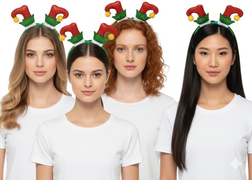 labreeze Pack of 4 Tinsel Elf Boots Christmas Headbands – Festive Xmas Hair Accessories for Women