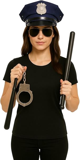 labreeze Police Woman Costume Accessories Set – Hat, Black Sunglasses, Truncheon & Metal Handcuffs – 4 Piece Fancy Dress Kit for Adults, H