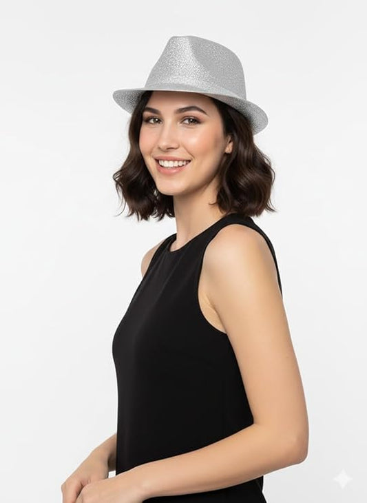 labreeze Silver Glitter Trilby Hat (Adult) – Sparkly Party Trilby for Christmas, New Year, Disco, Festivals & Fancy Dress Costume Accessory