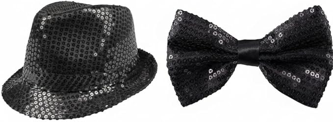 Black Sequin Hat & Bow Tie Set – Adult Fancy Dress Party Costume Accessories