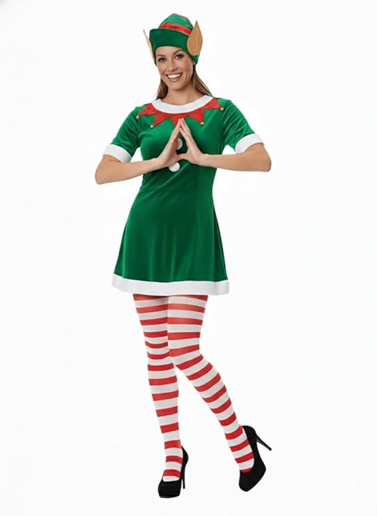 labreeze Women’s Red and White Christmas Tights & Elf Hat with Ears Set – Festive Elf Fancy Dress Accessories
