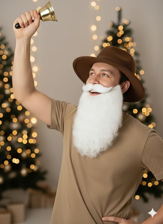 labreeze Brown Explorer Hat with Santa Beard & Gold Hand-Held Bell – Men’s Christmas Fancy Dress Accessory Set