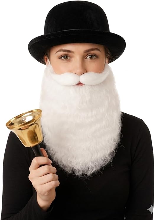labreeze Black Velour Bowler Hat with Santa Beard & Gold Hand-Held Bell – Women’s Christmas Fancy Dress Accessory Set