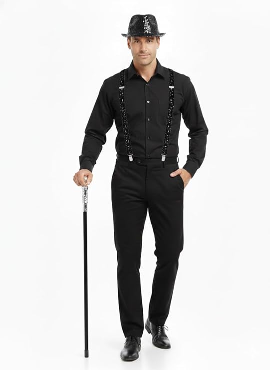 labreeze Black Sequin Gangster Hat with Matching Braces and Silver Pimp Stick – Adult Christmas Fancy Dress Accessory Set
