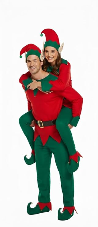 labreeze Pack of 2 Christmas Elf Costumes for Adults – One Size Couples Fancy Dress Set