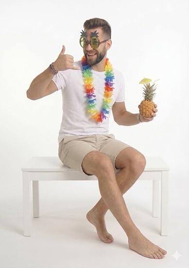 Hula Lei and Pineapple Glasses Set – Multicoloured Neon Lei & Yellow Lens Tropical Party Accessories